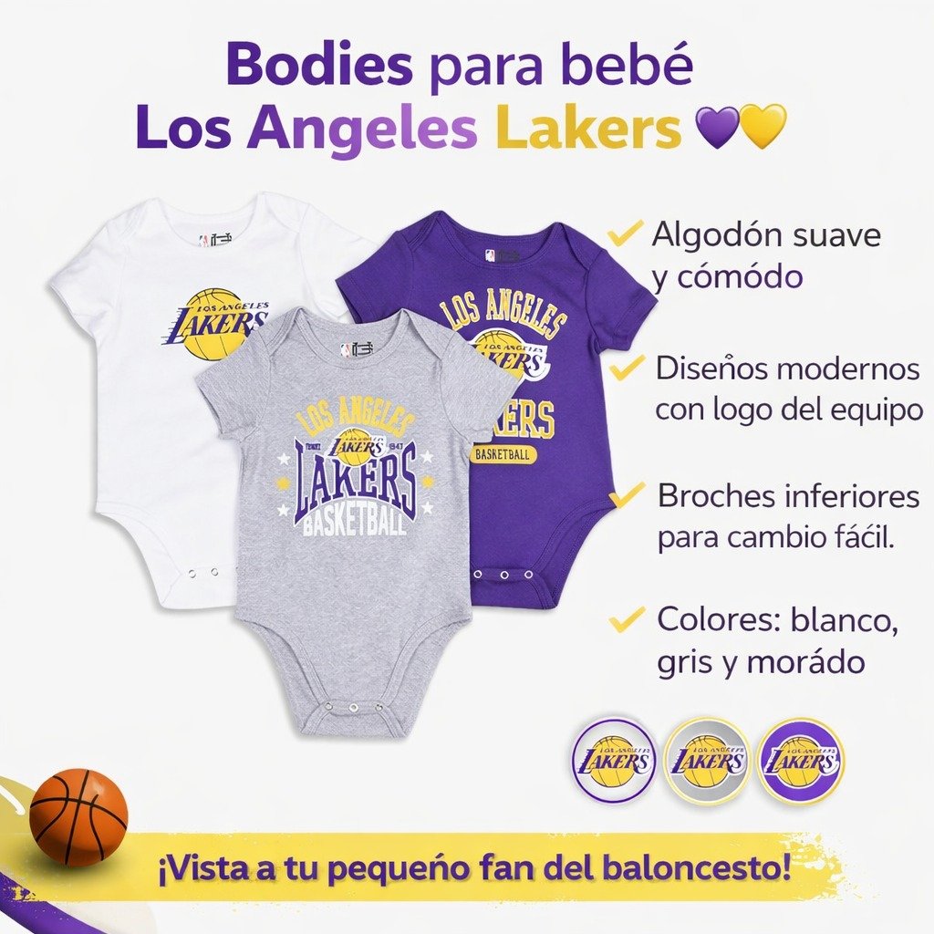 💜💛Set de bodys  para bebé Los Angeles Lakers  x3 💛💜